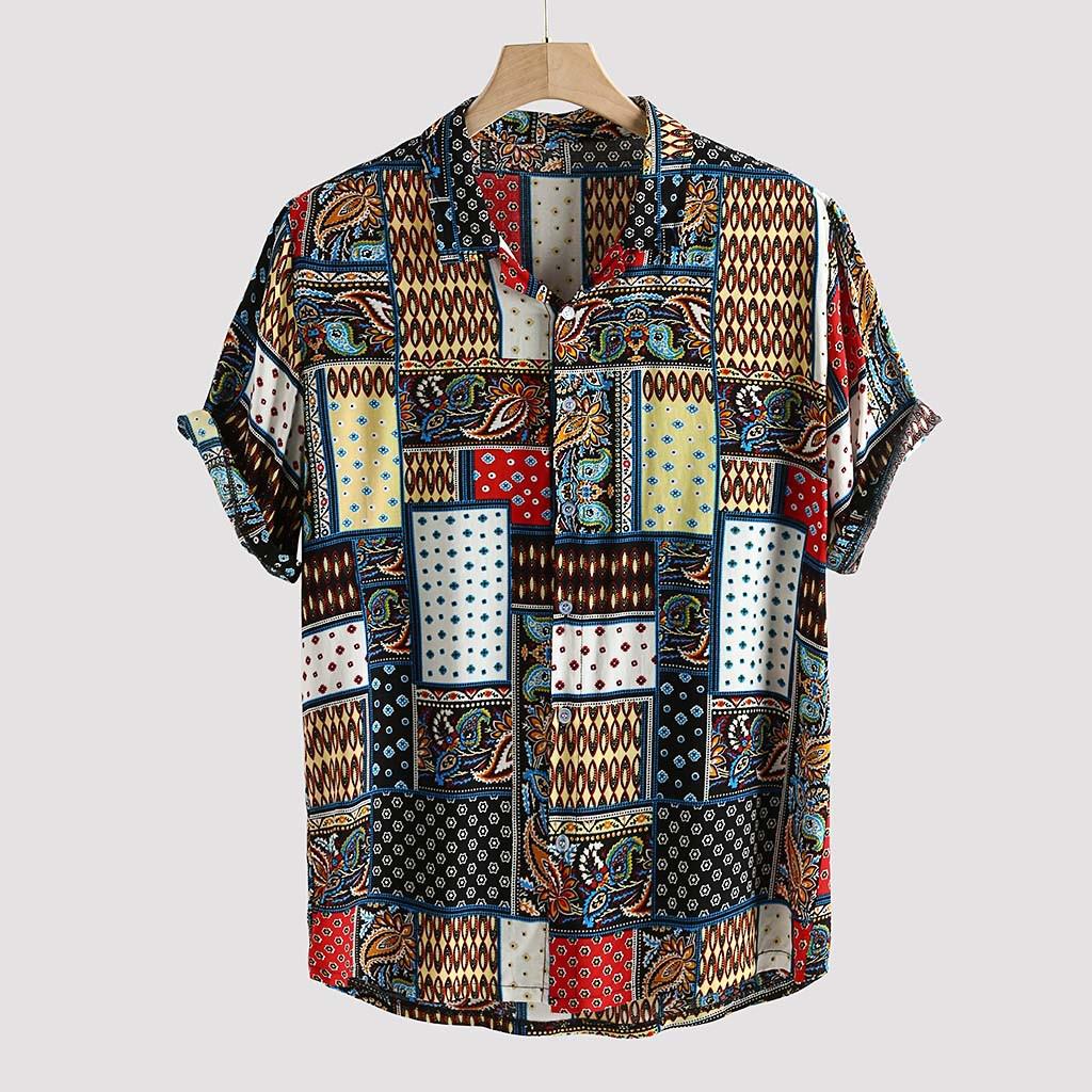 

Men s Ethnic Style Linen Beach Shirt - Summer Casual Print, Short Sleeves XXXL квітковий колір друку