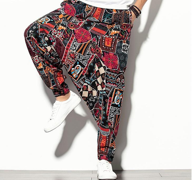 2026 Spring Men's Chinese-Style Cotton Linen Harem Pants - Printed Hip Hop Trousers
