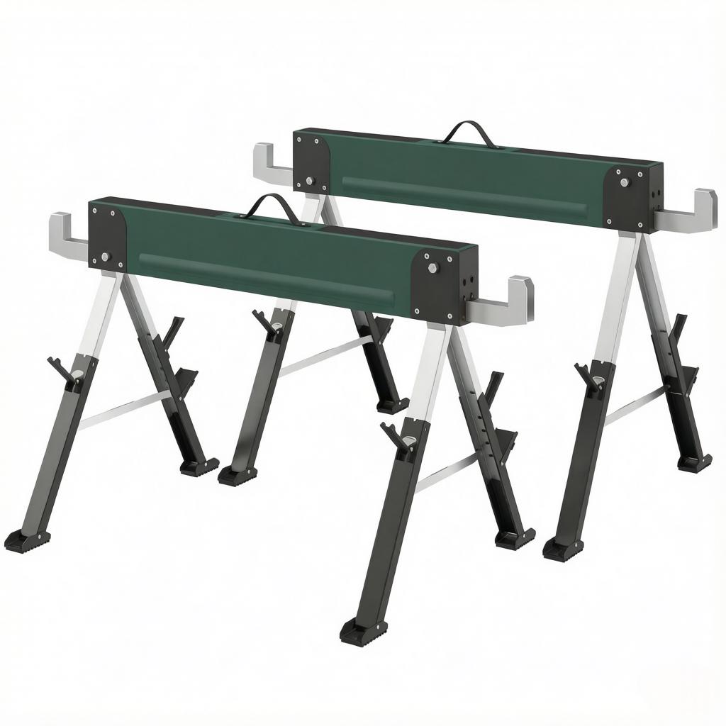 2 Foldable Metal Trestles As a Set, Max. Load 1160 Kg, Height-adjustable 64-81 Cm, Includes Carrying Handle