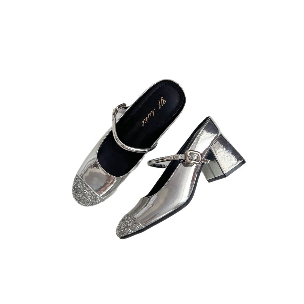 Inner height-increasing women's shoes sequined round head with slippers women's 2025 spring new temperament thick heel Mary Jane sandals