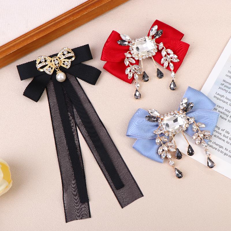 New New Fabric Bowknot Brooches Rhinestone Tassel Bow Tie Female Shirt Collar Pin Vintage Corsage For Women Accessories