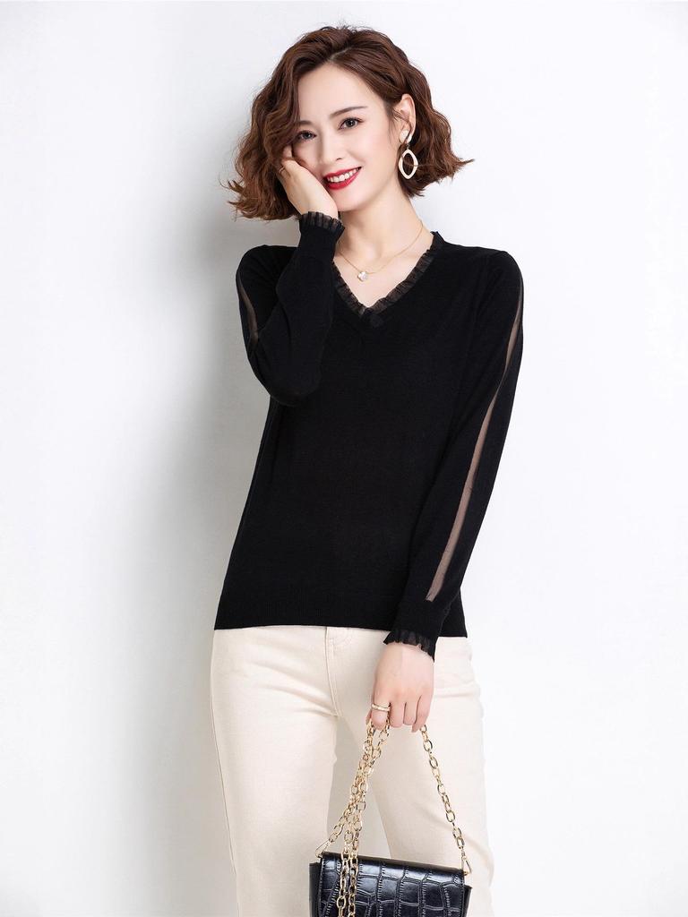 Women's Minimalist Wool V-Neck Long Sleeve Sweater - Autumn/Winter Slimming Base Layer Top