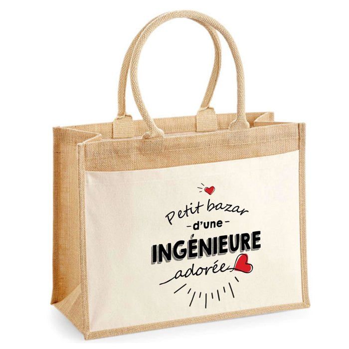 Sac de plage - PLANETEE - Jute avec poche Bazar d'une Ingénieure adorée - Coton - Beige multicolore - 43x33 cm
