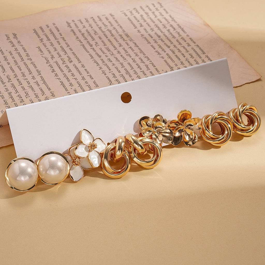 Ten-piece set of European and American imitation pearl oil drop flower round silver needle simple niche earrings 