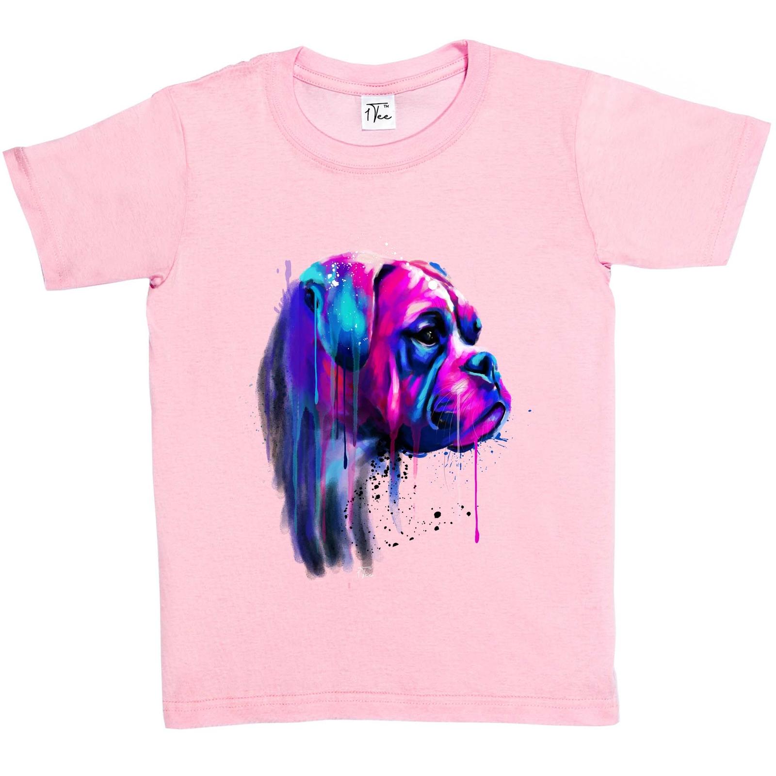 1Tee Kids Girls Watercolour Pink and Blue Splash Bulldog Dog T-Shirt XXL