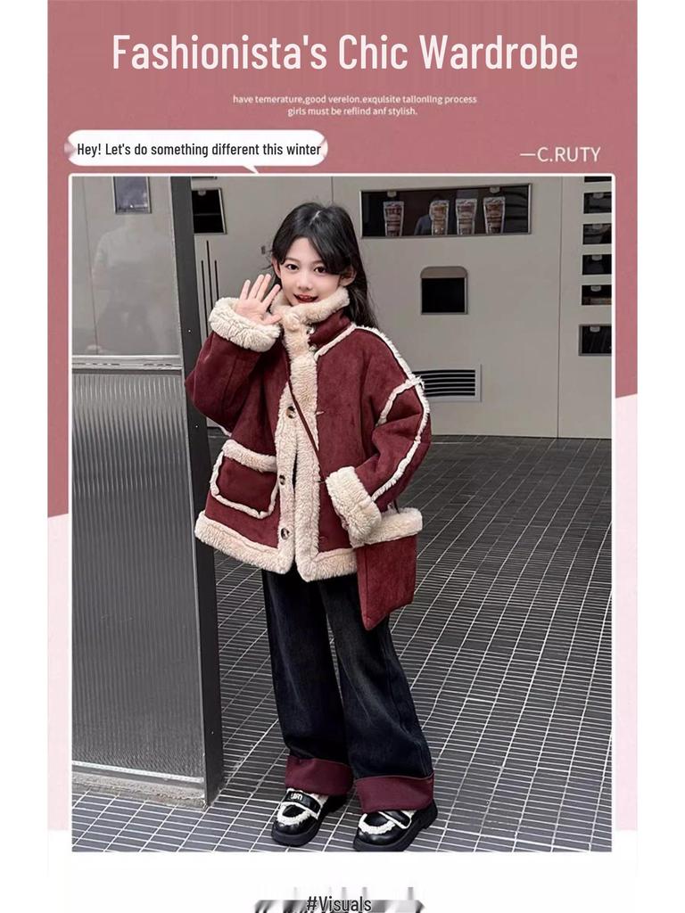 2025 Red Velvet Winter Coat for Big Kids - Thickened All-in-One Fashion