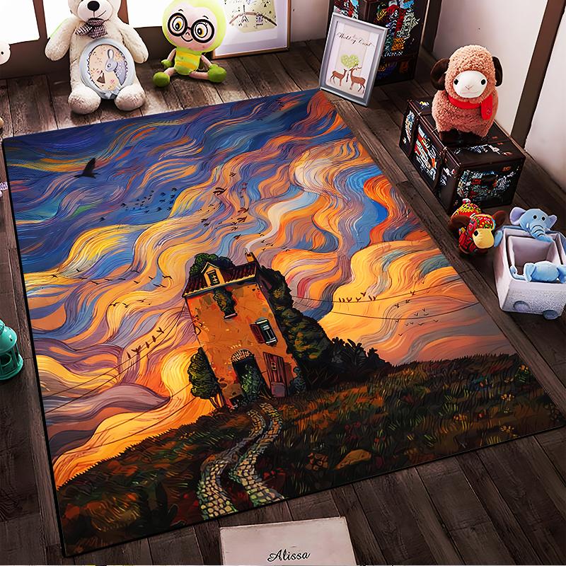 Colorful Artistic Carpet with House, Vibrant Sky, and Scenic Design Suitable for use as an anti-slip for living room bedroom sofas