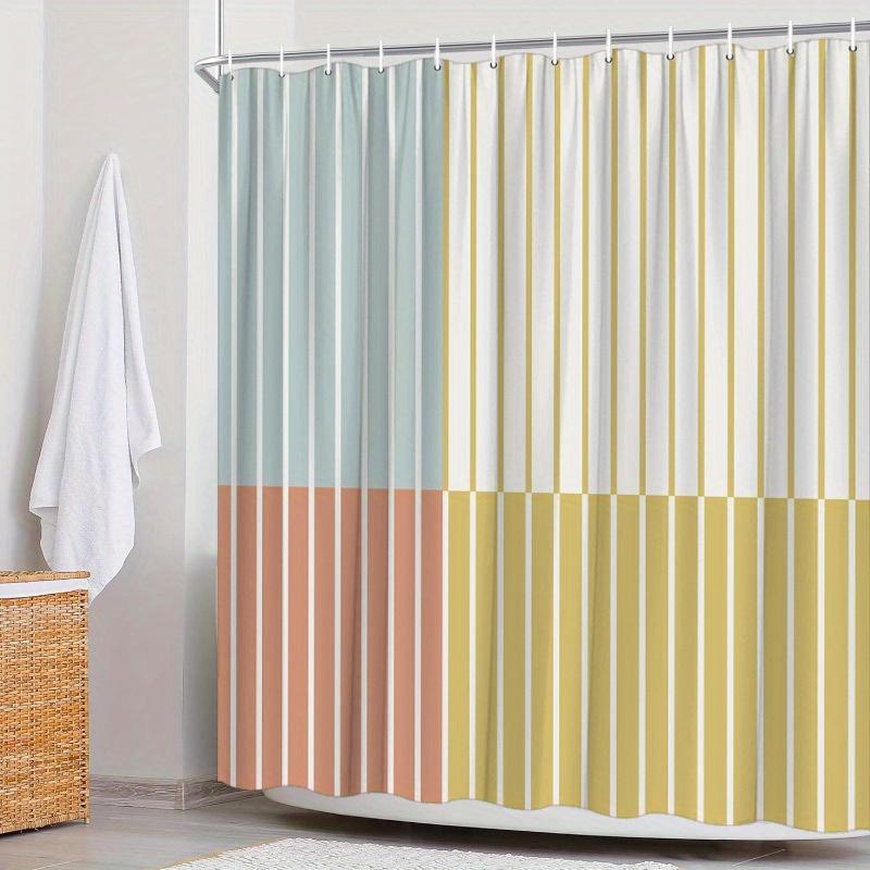1pc Minimalist Vertical Stripe Shower Curtain - Modern Aesthetic with Blue, Yellow, and Brown Rectangles, 70.8x70.8 Inches