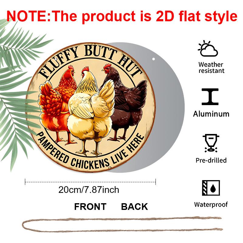 2D Flat, 1pc Round Distressed Rust Aluminum Sign, Vintage Fluffy Butt Hut Three Color Chicken Funny Farm Quote Print, Humorous Gift For Chicken