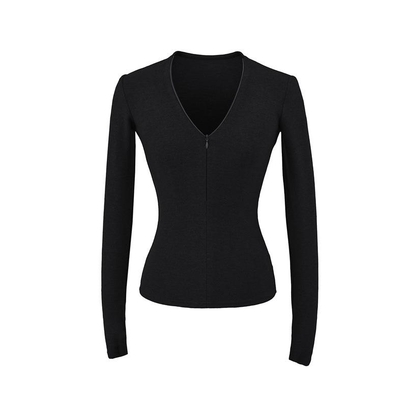 Chic French V-Neck Zipper Long Sleeve Slim Fit T-Shirt for Women, Autumn/Winter High-End Style.