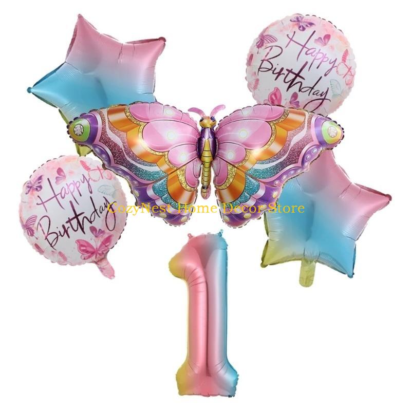 92MF Colorful Butterfly Balloon Set of 6 Aluminum Foil Number Balloon Happy-Birthday Decorations Baby Shower Party Supplies