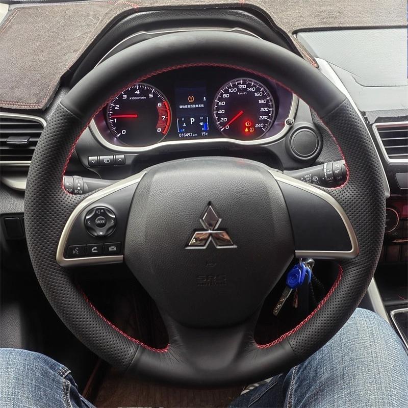For Mitsubishi Outlander ASX L200 Mirage 2013-2016 Hand-stitched black  Leather Non-slip Car steering Wheel Cover