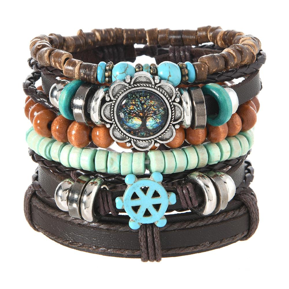 Leather Bracelets for Men Women Handmade Wrap Woven Cuff Bracelets Wooden Beaded Bracelets Vintage Ethnic Tribal Wristbands Bracelet Set Adjustable
