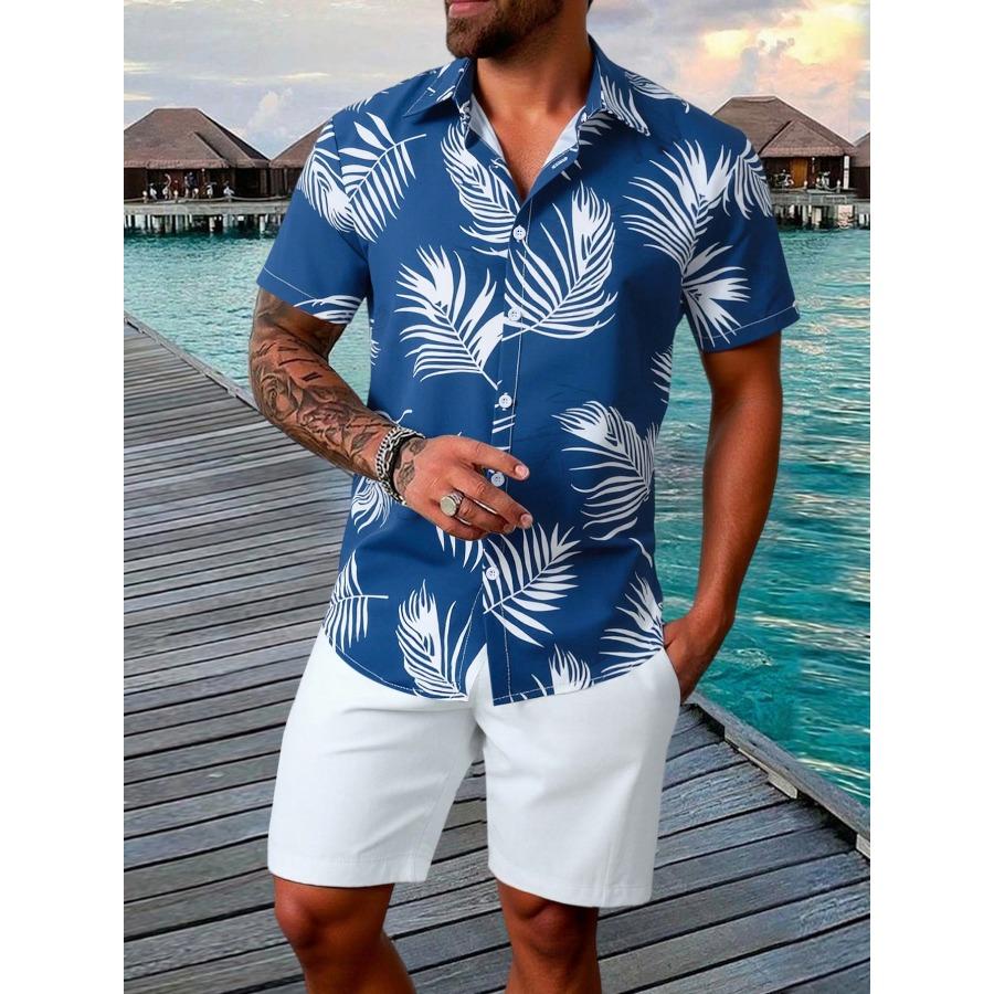 Men's Summer Tropical Flower Hawaiian Shirt, Palm Leaf Print Short-Sleeve Shirt and Shorts Set