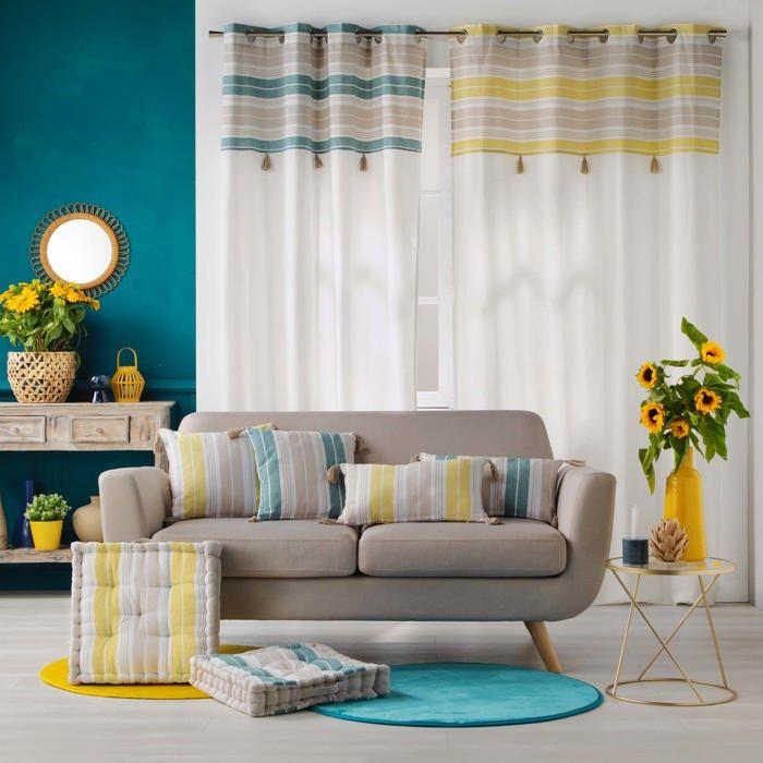 Rideau - Nature-Line - Pompons - 140x240cm - Jaune - 100% Coton - Œillets