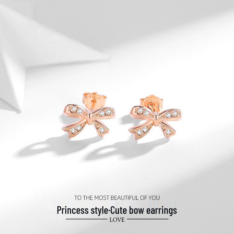 

Bowknot Diamond-Studded Sterling Silver S925 Stud Earrings for Women - Princess Style, No Need to Remove for Sleep. Sterling Silver