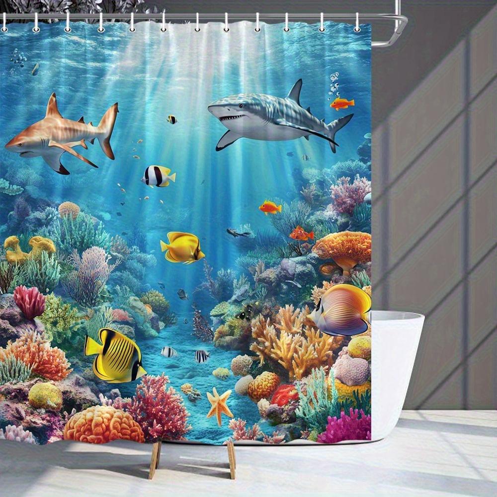 Colorful Ocean Life Shower Curtain, Including Sharks and Coral Reefs, for Spring and Summer Bathroom Decor