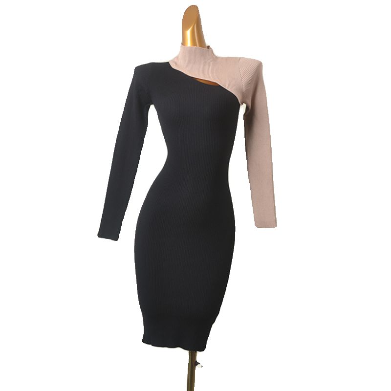 Temperamental Minority Export Dress American Stand Collar Color Matching Knitting Silm Bodycon Dress Spring New Arrival Oblique Cut Opening