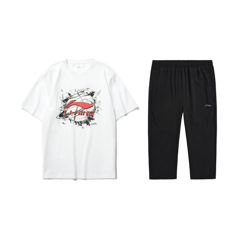 

Футболка с короткими рукавами и принтом логотипа Li Ning, свободная, прямого кроя, с надписью «Письмо», три четверти, повседневный спортивный комплект для мужчин, топы AHSUA05-1+AKQU429-1 XL