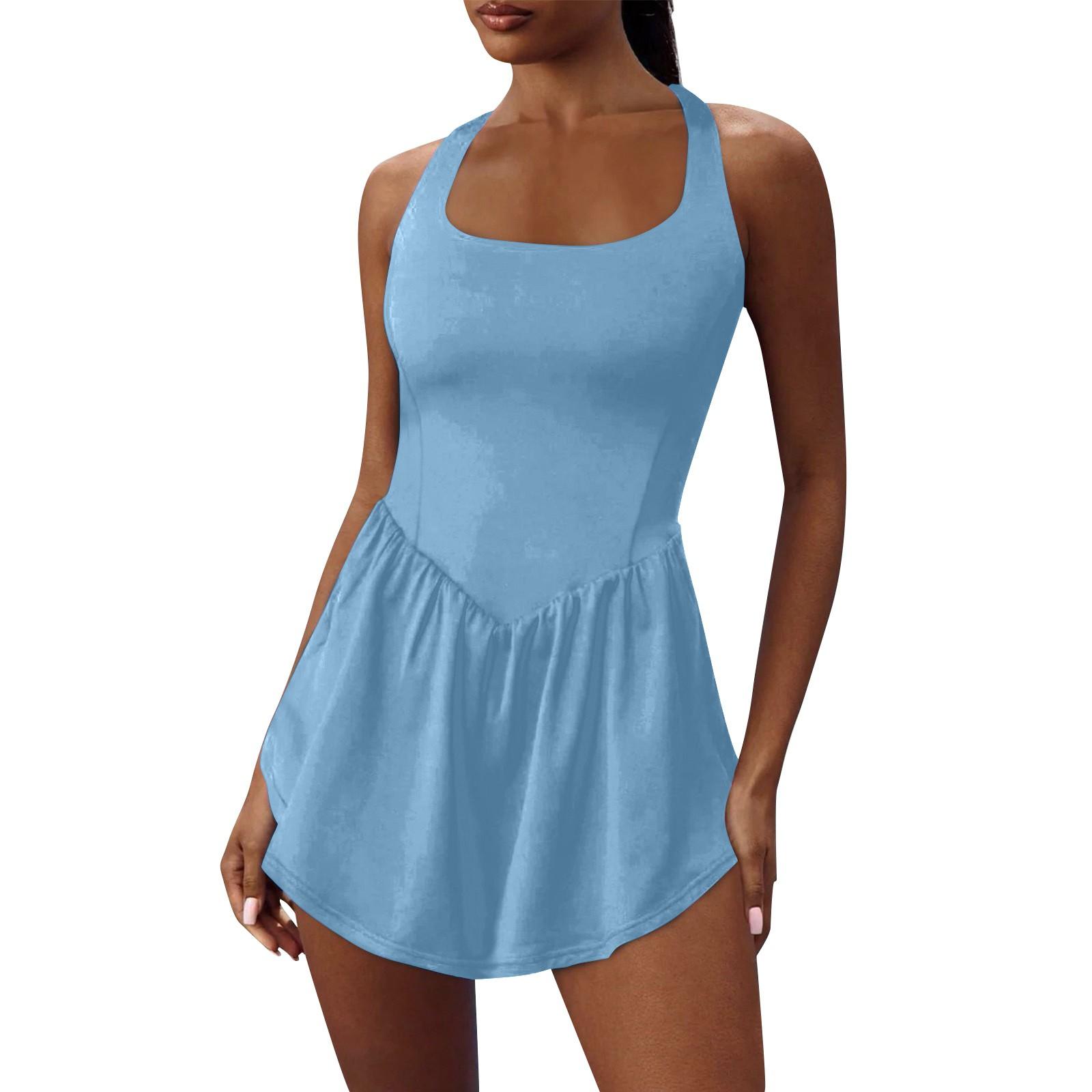 

Женские однотонные спортивные комбинезоны со встроенными шортами, повседневный комбинезон для тренировок, спортивный комбинезон без рукавов, отпускная одежда S небесно-голубой