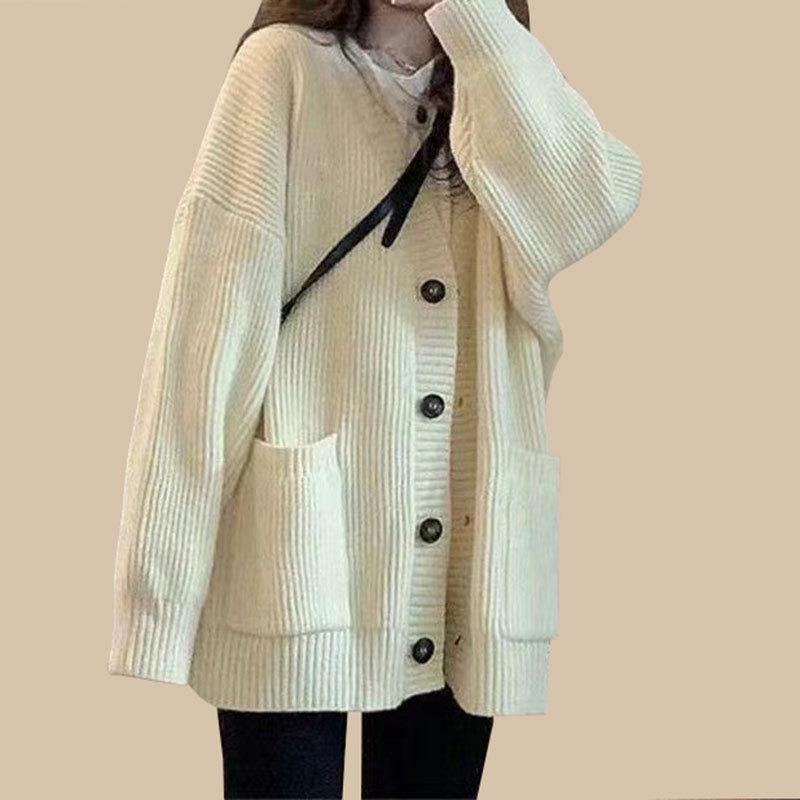 2025 Women's Retro Korean-Japanese Knit Cardigan - Autumn/Winter Lazy Style Sweater Jacket
