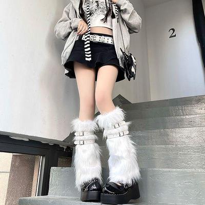 Y2K Pinke Kunstfell-Wadenringsocken mit Lederschnalle - Warme, würzige Mid-Tube-Beinbezüge für den JK-Stil