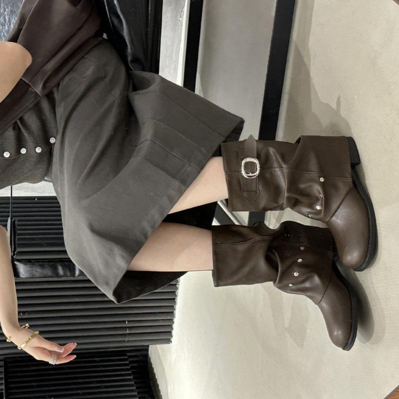 

Western Cowboy Boots Women s Coarse Heel Short Boots 2025 Fall/Winter Boots French Martin Boots Vintage Round Trousers Boots 39