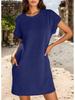 2026 Women's Solid Color Round Neck Short Sleeve Pocket Dress with Rolled Cuff