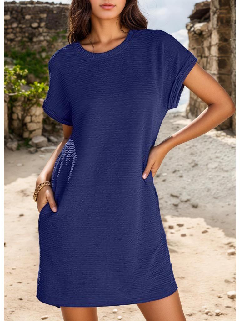 2026 Women's Solid Color Round Neck Short Sleeve Pocket Dress with Rolled Cuff