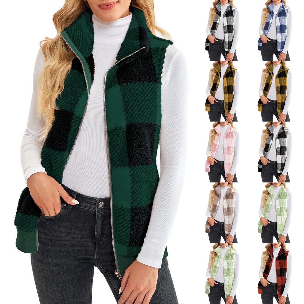 Fashionable Ladies Plaid Comfortable Fleece Cardigan Vest Stand Collar Sleeveless Women's Jacket
