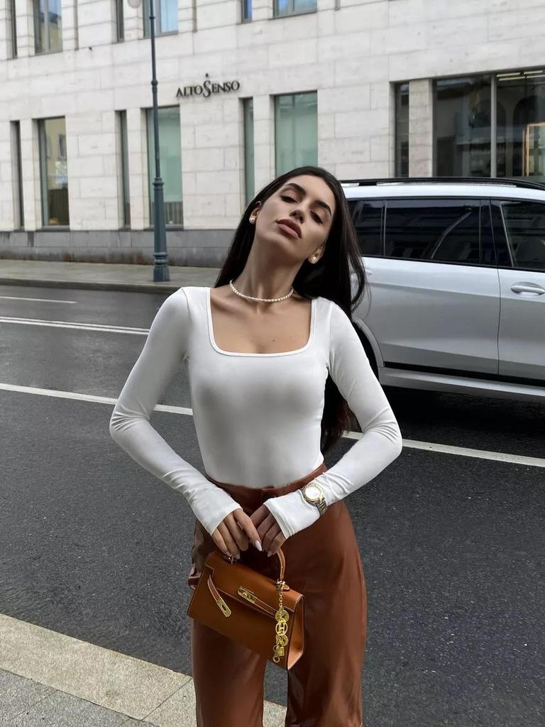 Body Y2K de Decote Quadrado e Manga Comprida - Top de Verão Feminino Slim Fit