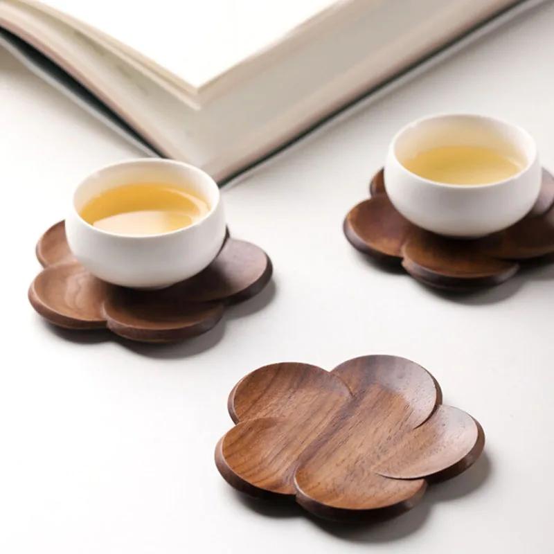 Japanese Style Black Walnut Coaster Home Dining Table Tea Coffee Cup Pad  Decoration Petal Heat-Resistant Beverage