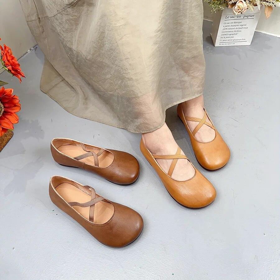 Johnature Genuine Leather Shallow Flats Retro Loafers Comfortable Soft Sole Round Toe Versatile Women's Shoes