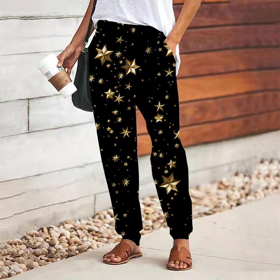 Women Star Printing Pants Lace Up Elastic Waist Loose  Trousers Casual Long Pants Trousers with Pockets