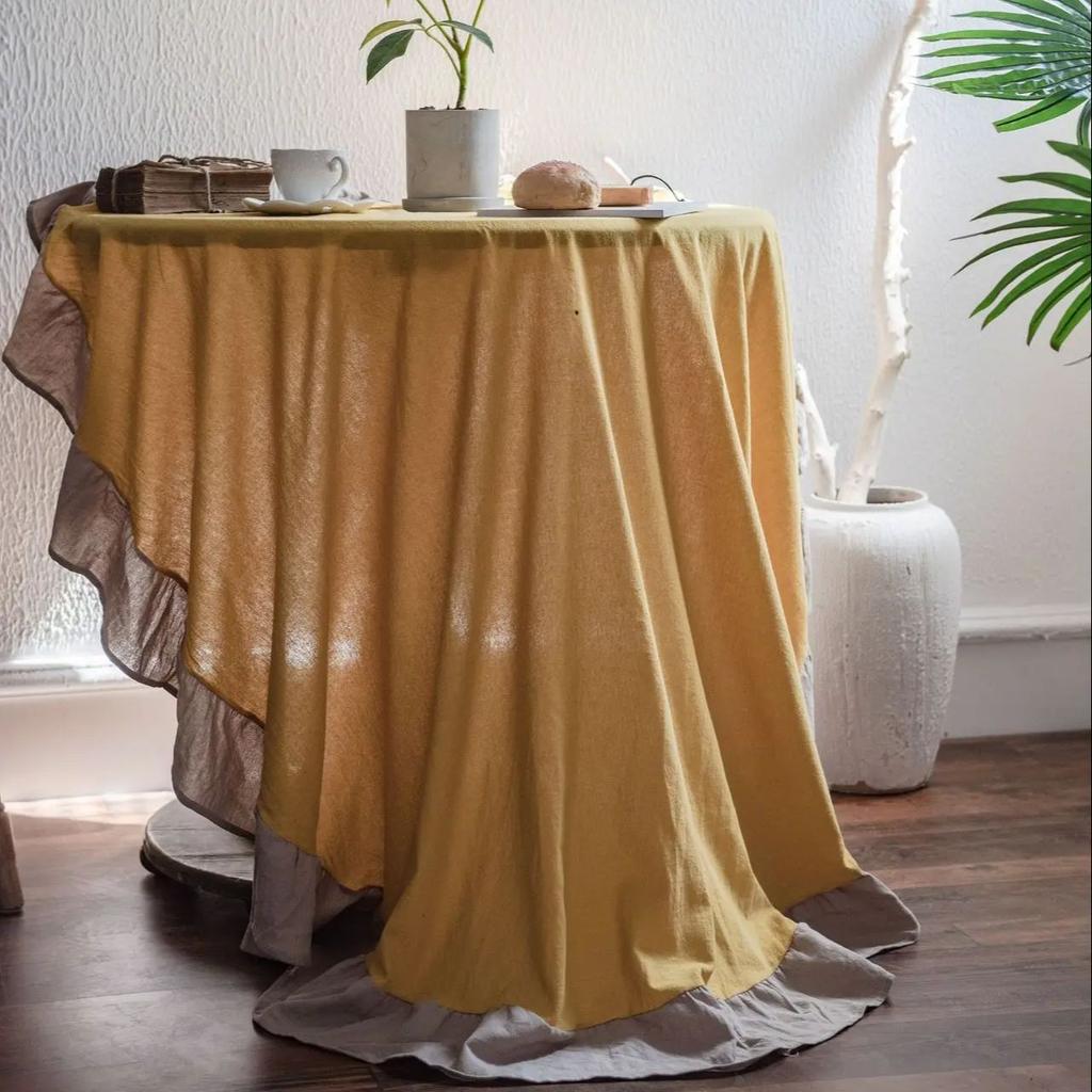 French Romantic Simple Ruffle Tablecloth Cotton Linen Table Cover American Round Tea Table Literary Retro Party Decoration