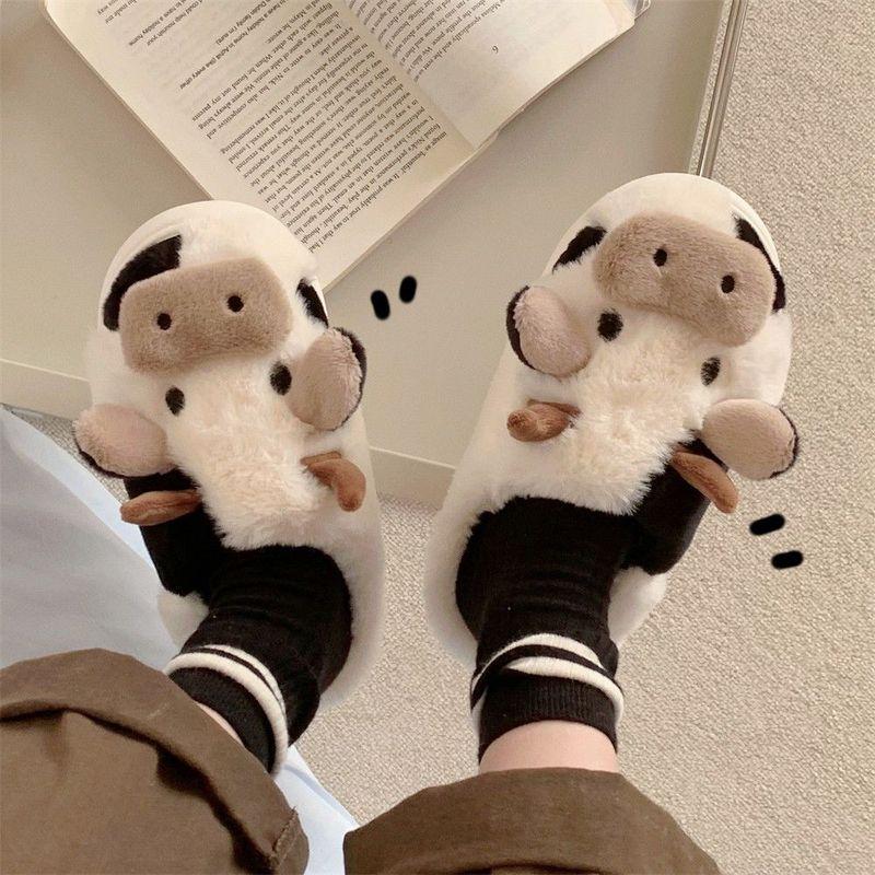 Animal Cow Plush Children Slipper Cartoon Kids Shoes Babi Flat Slides Child Cute Little Dairy Cow Indoor Soft Slippers Family