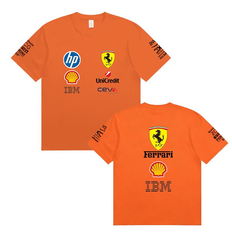 Camiseta Oversized de Casal Ferrari F1 Racing Estampa Clássica de Logo de Patrocinador Manga Curta Casual de Motorsport Streetwear
