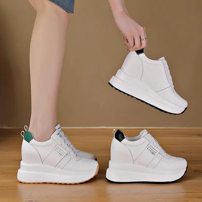 Zapatos de Cuero 100% Genuino Zapatillas de Moda para Mujer Zapatos de Plataforma Plana Zapatos Planos para Mujer Aumento de Altura 9cm Zapatos Blancos