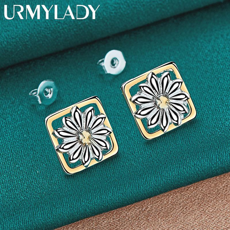925 Sterling Silver Square Flower Stud Earrings For Women Party Fashion Jewelry