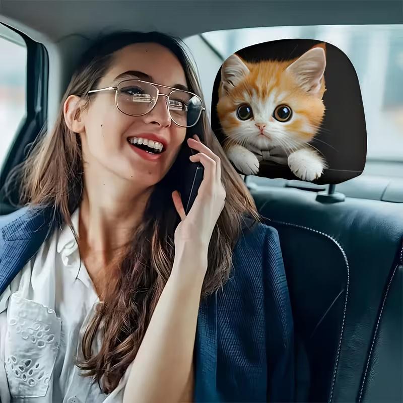 2-Piece Cute Orange Cat Print Car Headrest Covers, Car Interior Accessories, Soft And Comfortable, Easy To Install And Remove