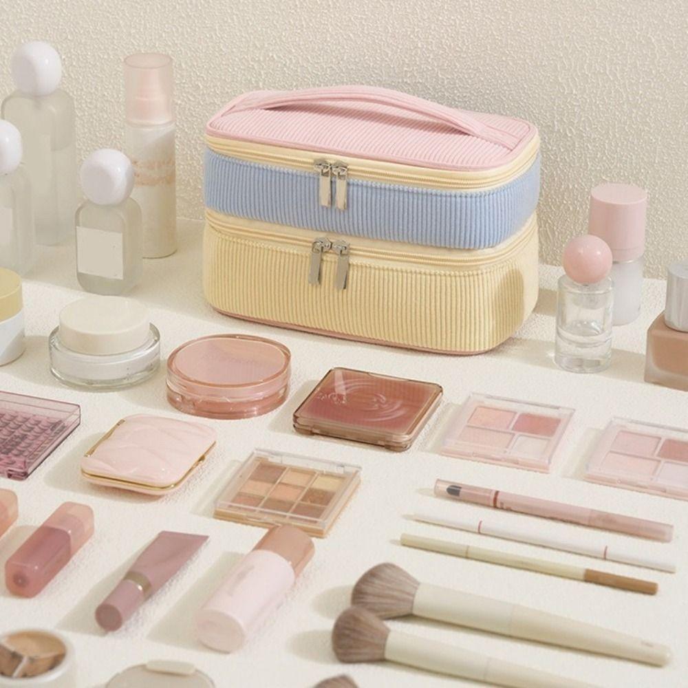 Soft Double-layer Storage Bag Zipper Closure Cosmetics Storage Bag Handheld Toilet Bag Women