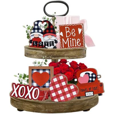Valentine's Day Buffalo Plaid Gnome Love Heart Truck Tiered Tray Decor Farmhouse Tray Decorations Indoor Couple Wooden Signs Rustic Valentine Decor
