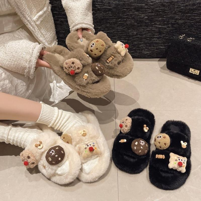 Autumn and Winter New Cartoon Accessories Wool Slippers Women's Fashion Round Head Outer Slippers Women's Fashion Cotton Shoes