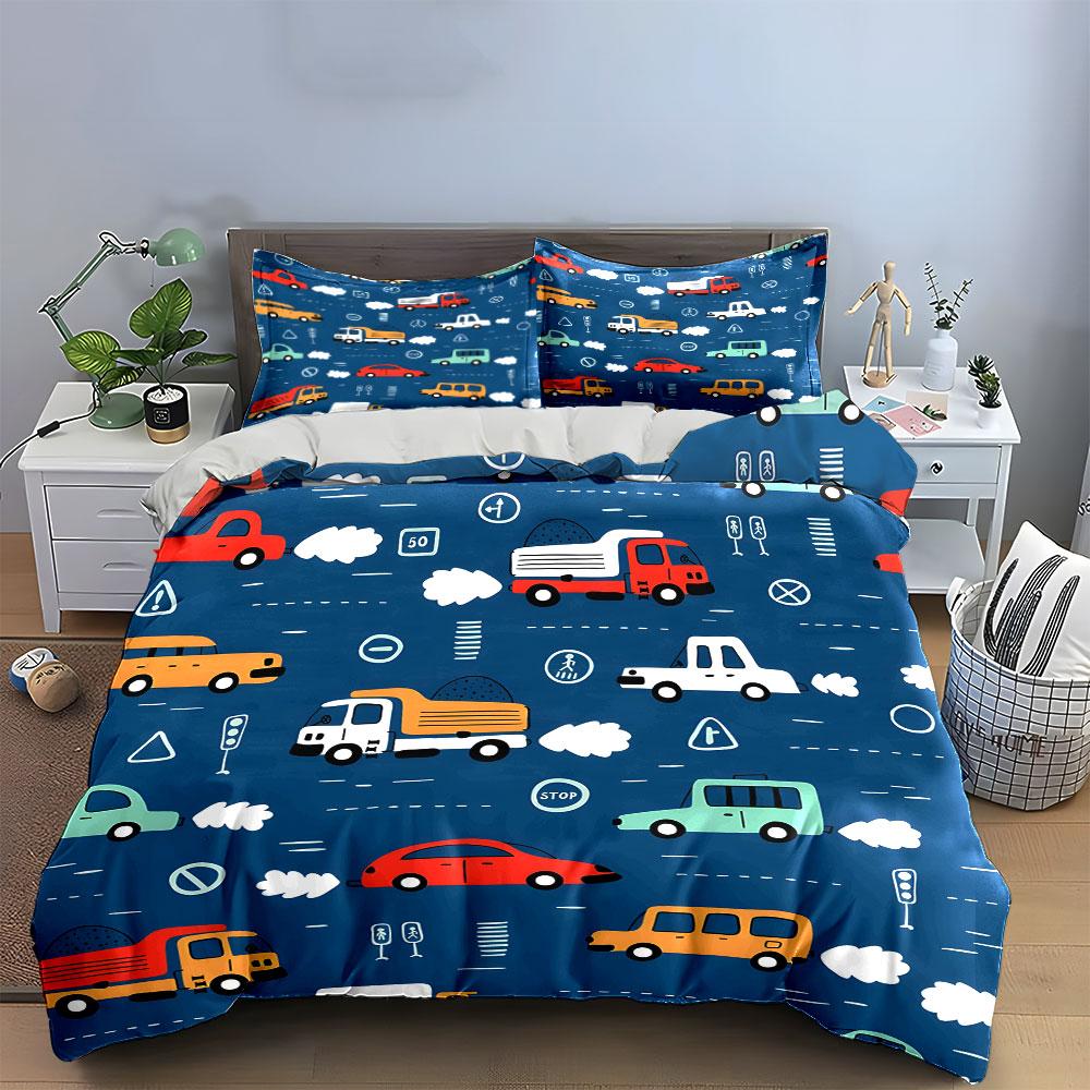 Colorful Traffic Theme Three-Piece Set  Kid'S And Adults' Bedroom Decor, Exquisite Three-Piece Bedding Set Gift