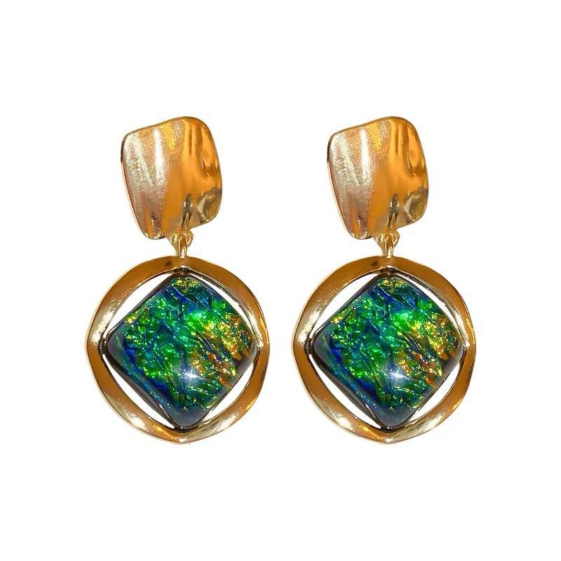 Boucles d'oreilles pendantes géométriques de style européen, boucles d'oreilles pendantes baroques vertes pour femmes et filles, bijoux de mode INS, cadeaux