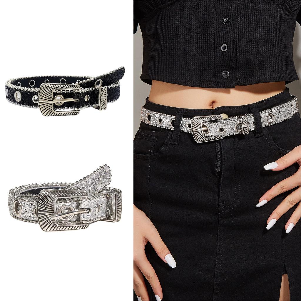 Blingbling Sequined Belt Aesthetic Big Eyelet Belt Gothic Pants Belt Girl PU Waistband Female Western Cowboy Waiststrap