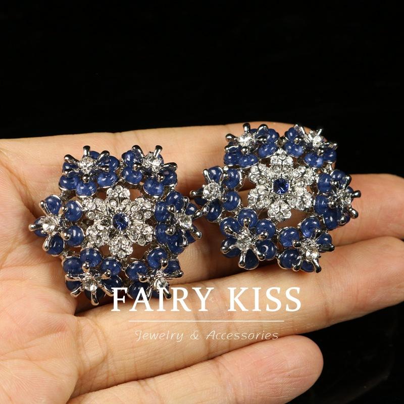 Snowflake Flower Diamond Blue Bead Atmosphere Heavy Industry Hollow Alloy Versatile Light Luxury Earclip Earrings