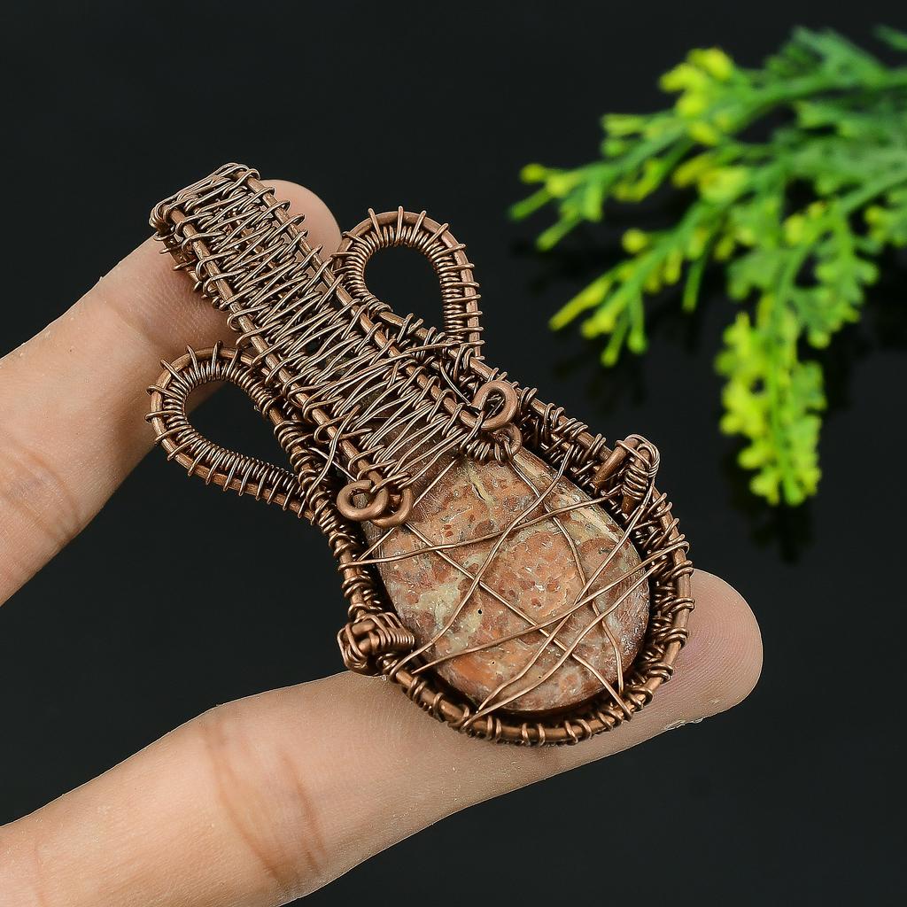 Natural Limestone In Garnet Gemstone Copper Wire Wrap Gift Pendant 2.75 H0J84
