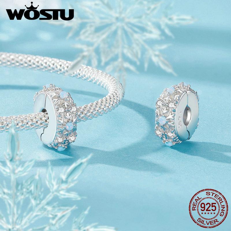 WOSTU 925 Sterling Silver Snowflake Charm Beads Ice Flower Pendant Fit Original Bracelet DIY Necklace Jewelry Making Gift