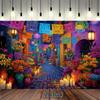 2D Flat Banner 1 Piece. The Background Features a Vivid Scene of a Mexican Street. Made of Polyester Material. Mexican Party.